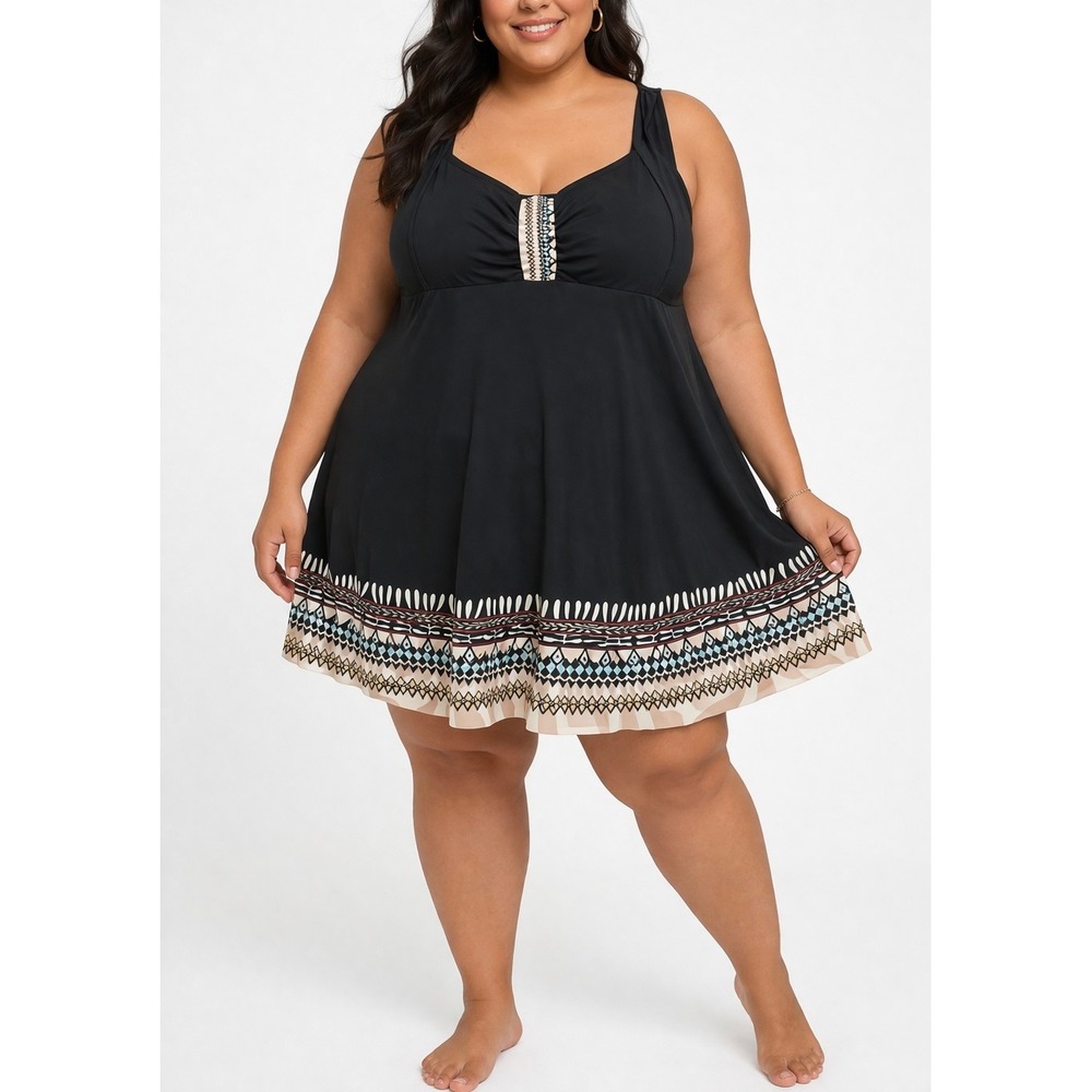 Ulla Popken Swimsuit Women 26 Plus Size Swim Dress Tummy Control Black